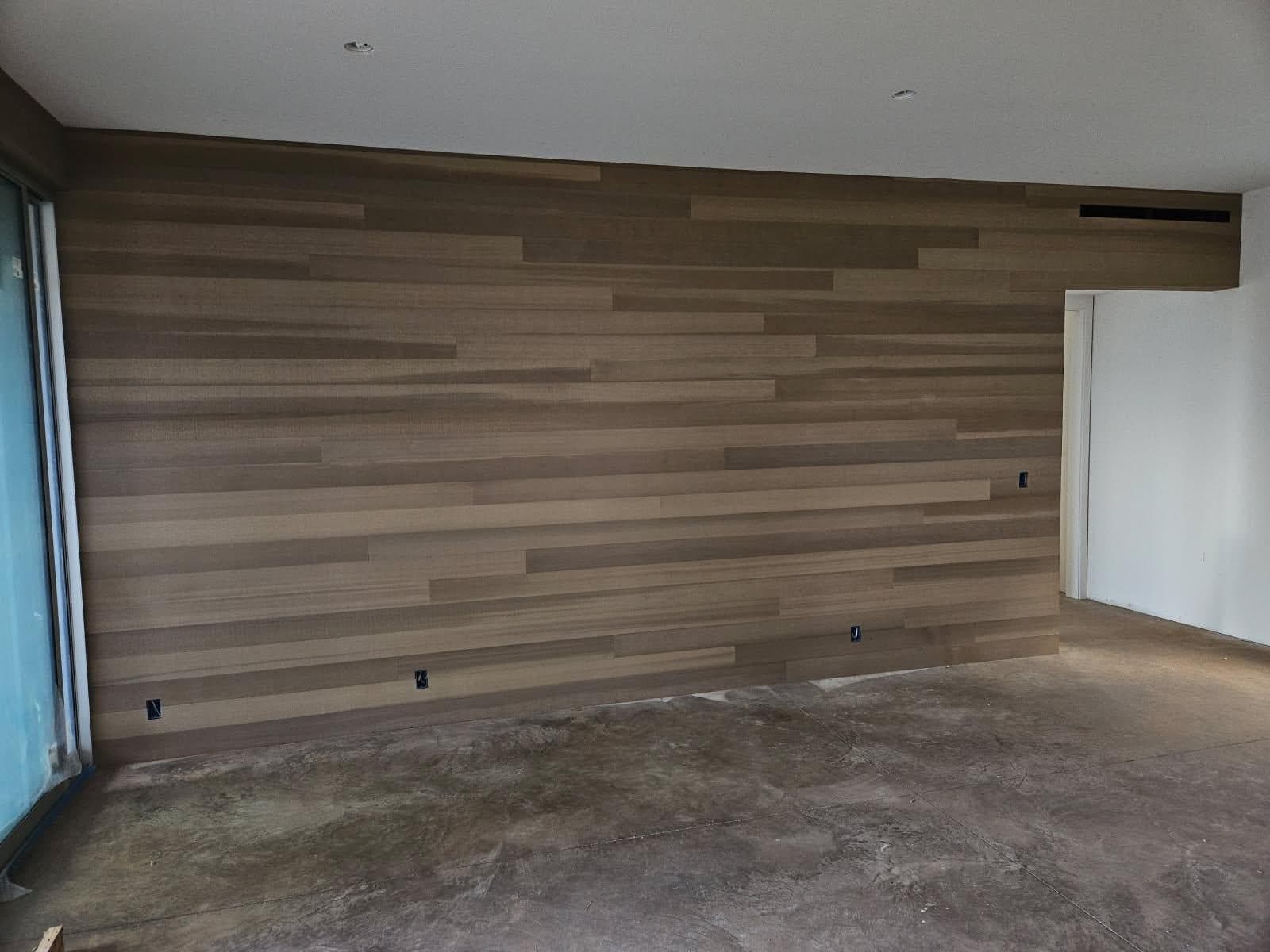 Full-height horizontal wood plank accent wall with random-length boards